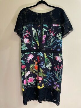 Tadashi Shoji Leono Floral Print Neoprene Sheath Dress Lace Sleeves Midi Size 16